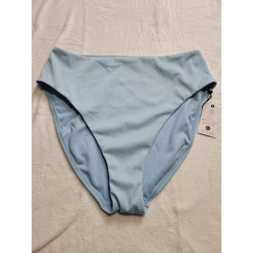 NWT Shade & Shore Bikini Bottoms Women M Light Blue High Waist Ribbed High Leg